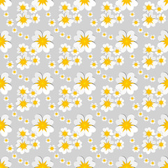 Obraz premium Seamless floral pattern of white flowers with yellow pollen on gray background. Flat design vector illustration, EPS10. Use as background, wallpaper, gift wrap paper, tile and fabric prints.