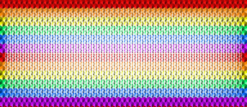 Colorful rainbow texture background of small triangle shapes, horizontal seamless pattern, LGBTQ (lesbian, gay, bisexual, transgender, and questioning) pride flag colors. Flat design vector, EPS10.