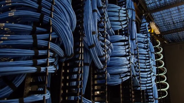 Dolly shot revealing a large network of blue cables intertwined in a server room