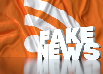 3d render, fake news lettering in front of Realistic Wavy Flag of rss.