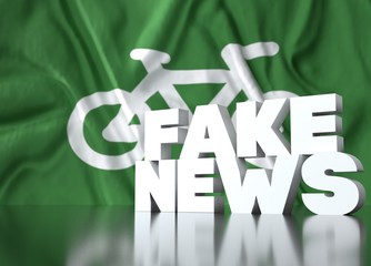 3d render, fake news lettering in front of Realistic Wavy Flag of bike.