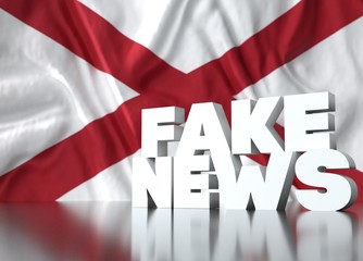 3d render, fake news lettering in front of Realistic Wavy Flag of Alabama.