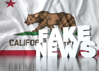 3d render, fake news lettering in front of Realistic Wavy Flag of California.