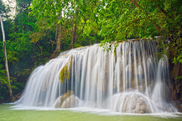 Obraz premium Erawan waterfall at Kanchanaburi , Thailand, beautiful waterfall, forest, 