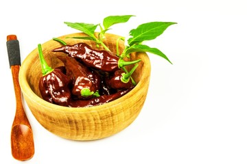 Chili pepper on white background.  Space under the text. Extra hot chili pepper Naga Bhut Jolokia Chocolate. Healthy spice. Sale Chili.
