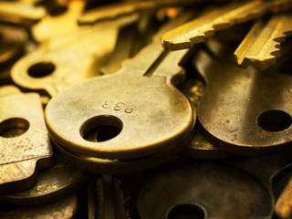 Security, passwords concept image. Many brass keys. Many brass keys extremely close up. Security...