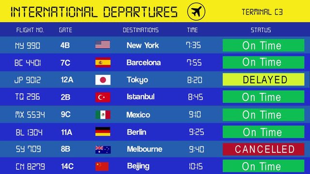 Animated airport departures timetable with different destinations and status for each flight on the list. 4k screen resolution