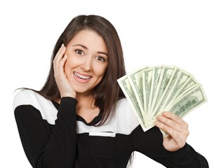 Pretty young business woman holding money isolated on white