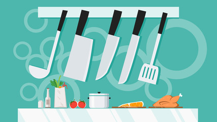 Kitchen utensils with knife set equipment hanging. cooking with shelve banner background concept. flat design vector illustration
