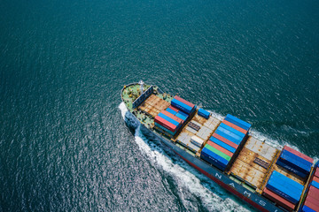 business shipping cargo containers import export and exchange  fright ship open sea asia pacific international from Thailand aerial top view - obrazy, fototapety, plakaty