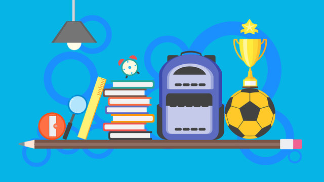 Back to school poster background. learning banner concept with backpack, pile of books, soccer ball, pencil, trophy, ruler, and education item. flat design vector illustration