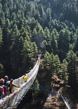 A suspension bridge in the Khumbu Valley of Everest Mountain