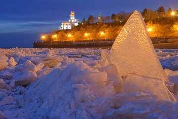 Frozen Amur river. Khabarovsk. Amur Cliff. Far East, Russia.