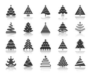 Christmas Tree black silhouette icons vector set