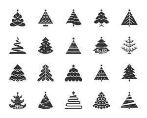 Christmas Tree black silhouette icons vector set