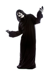 Halloween costume of a skeleton grim reaper wearing a black robe on a white background gesturing...