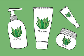 Vector aloe vera skin care , cream , lotion and serum. Hand drawn illustration cosmetic package.