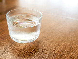 Cold drinking water in glass on wooden table