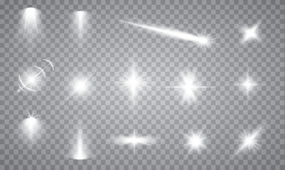 Scene illumination collection, transparent effects. Bright lighting with spotlights.