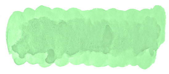 Green pastel watercolor hand-drawn isolated wash stain on white background for text, design. Abstract texture made by brush for wallpaper, label.