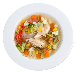 Vegetable soup with chicken. On a white background