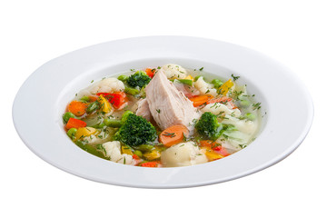 Vegetable soup with chicken. On a white background