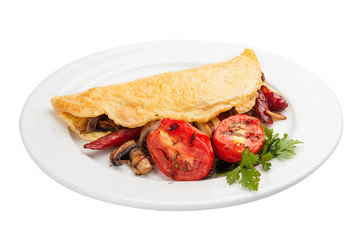 Breakfast. Omelette with sausage and tomatoes. On a white background