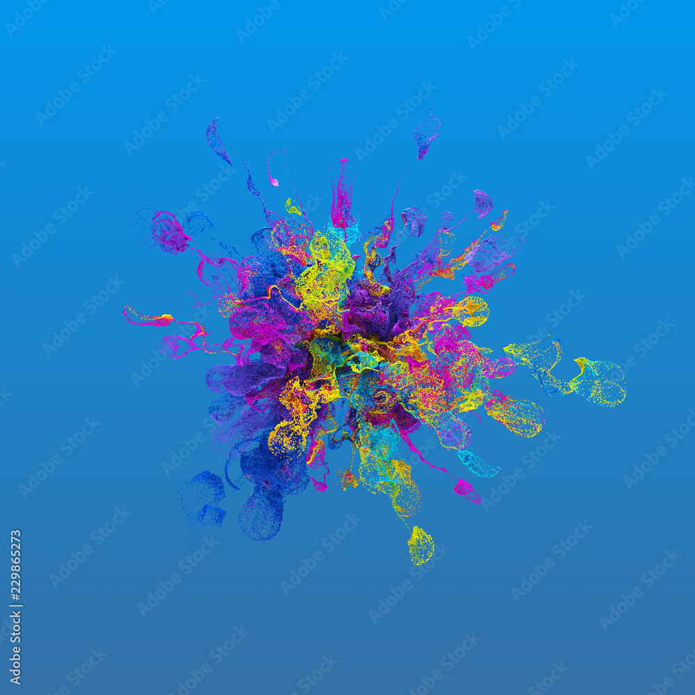 Poster 3d render background with abstract particles. turbulences and curled particles. complex simulation. 