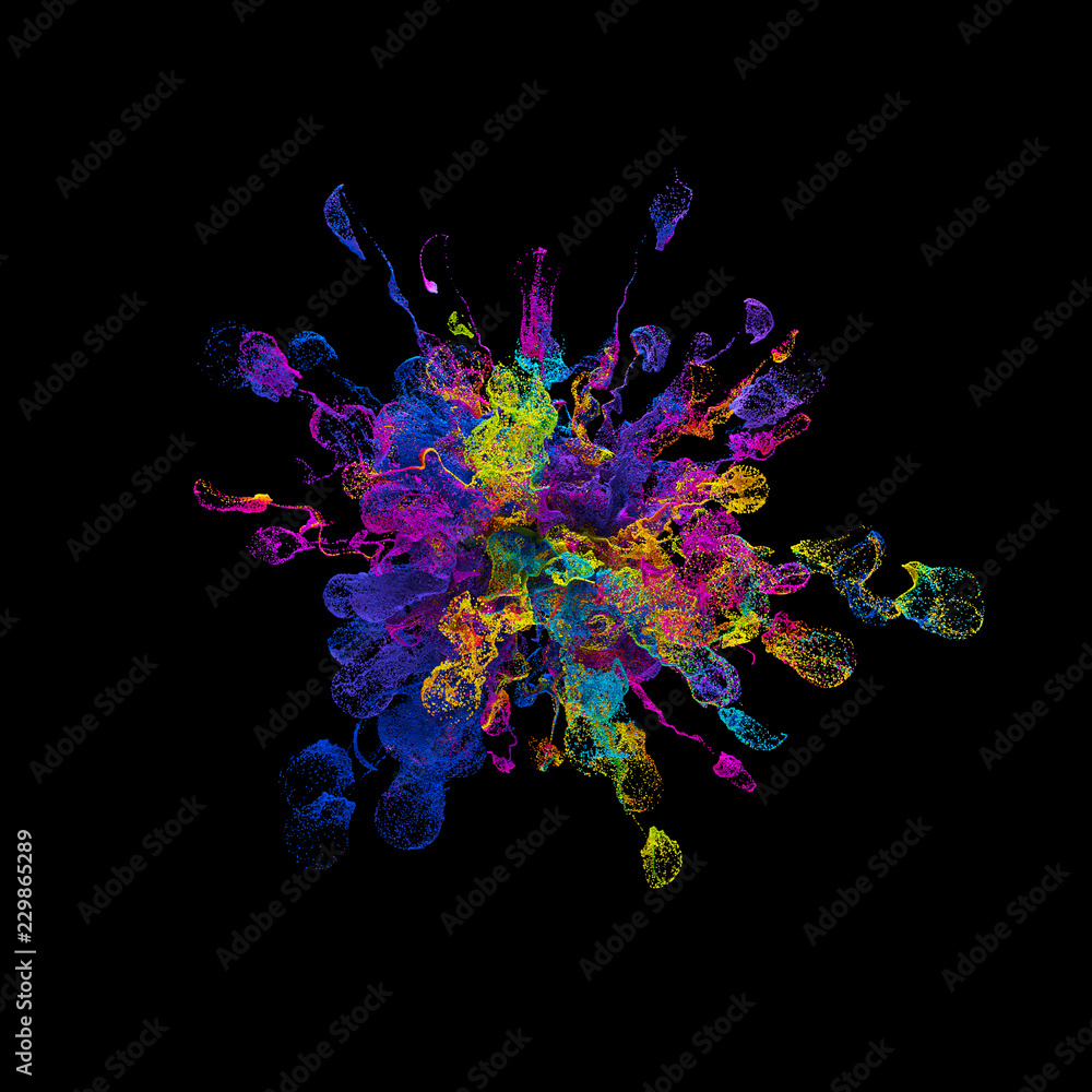 Poster 3d render background with abstract particles. turbulences and curled particles. complex simulation. 