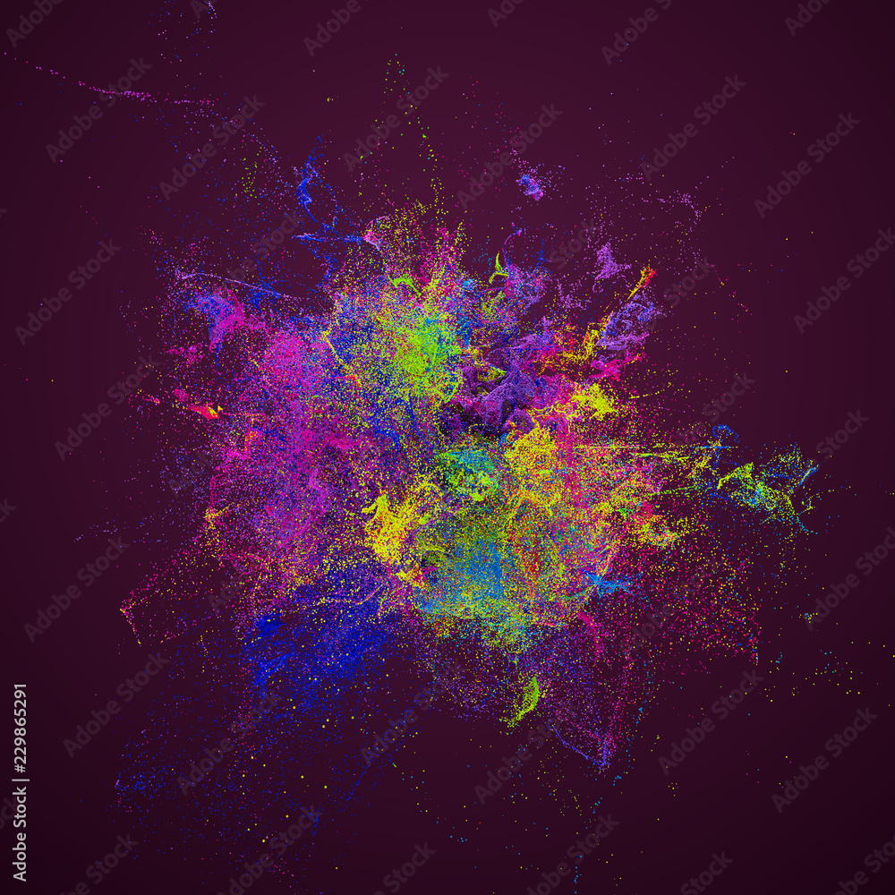 Poster 3d render background with abstract particles. turbulences and curled particles. complex simulation. 