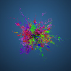 3d render background with abstract particles. Turbulences and curled particles. Complex simulation. Multicolored...