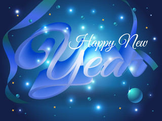Happy new year colorful 3D text vector template with ball and confetti in blue color