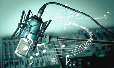 Microphone and  digital studio mixer  on background