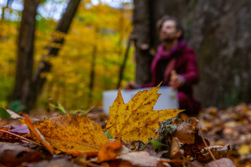 Young Man playing crystal bowls outdoors in the forest while autumn colors are at their best - Low angle with maple leaves - Young man is wearing fancy wooly red jacket and urban red pants
