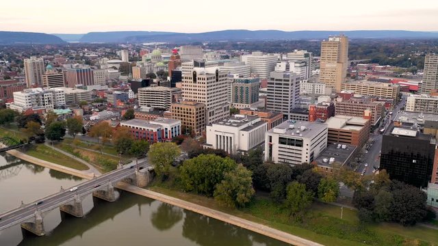 Aerial View Flying into The Downtown Urban Core of Harrisburg PA