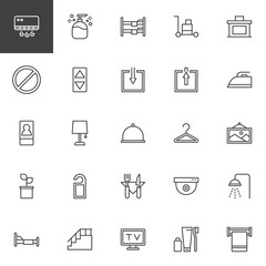Hotel service outline icons set. linear style symbols collection, line signs pack. vector graphics. Set includes icons as Air conditioner, Liquid soap, Bunk bed, Not disturb hanger, Single bed, Bell