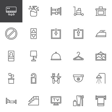 Hotel service outline icons set. linear style symbols collection, line signs pack. vector graphics. Set includes icons as Air conditioner, Liquid soap, Bunk bed, Not disturb hanger, Single bed, Bell