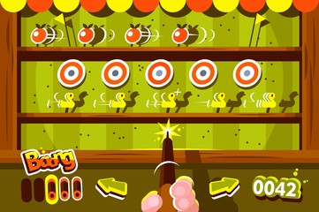 Human hand holding gun in shooting gallery.