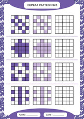 Repeat purple pattern. Cube grid with squares. Special for preschool kids. Worksheet for practicing fine motor skills. Improving skills tasks. A4. Snap game. 5x5.
