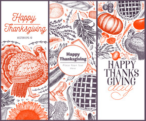 Happy Thanksgiving Day design template. Vector hand drawn illustrations. Greeting Thanksgiving card in vintage style. Frame with harvest, vegetables, pastry, bakery. Autumn background.