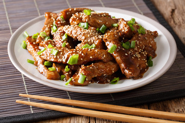 Asian style beef in teriyaki sauce with sesame and green onions closeup on a plate. horizontal
