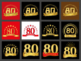 Set of number eighty (80 years) celebration design. Anniversary golden number template elements for your birthday party..