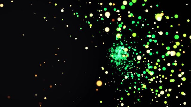 A slick modern motion graphics animation of an exploding, calmness, then imploding dot tunnel. Colorful Particles dots moving with depth of field. Glowing dots on black background version. Beautiful