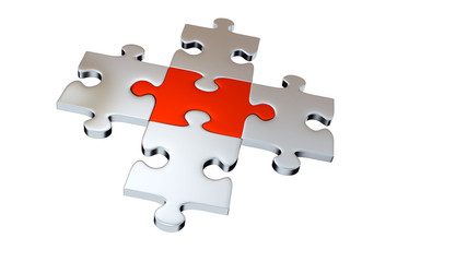 Four Grey Puzzle Pieces encircle One Red Piece