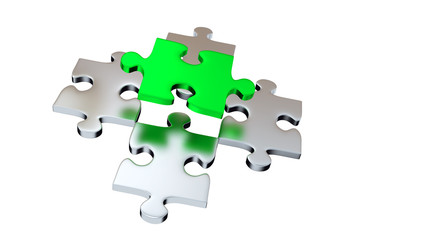 Four Grey Puzzle Pieces under One Green Piece