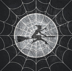 Cobweb background. Spiderweb for Halloween design. Spider web elements, spooky, scary, horror halloween decor. Flying witch silhouette