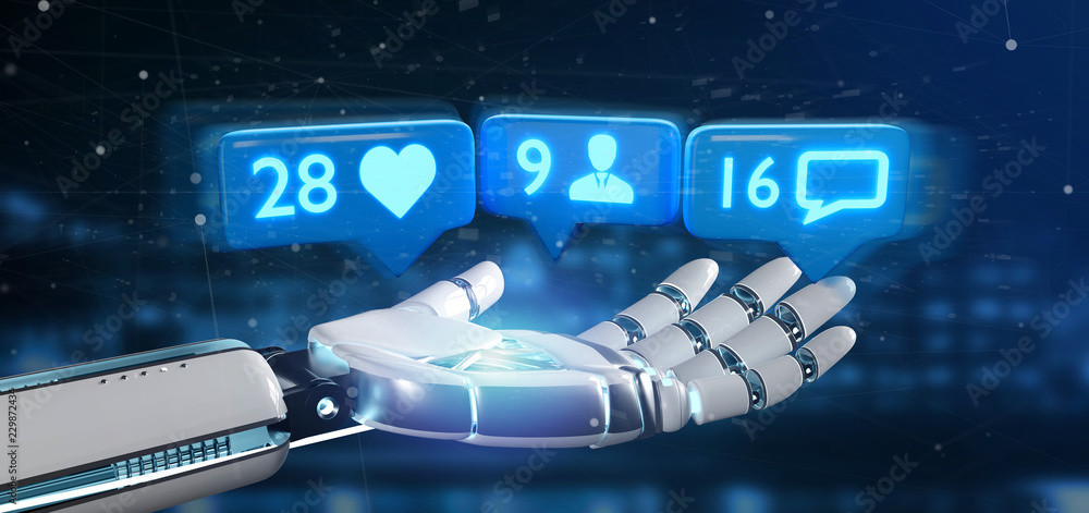 Poster cyborg hand holding like, follower and message notification on social network - 3d rendering