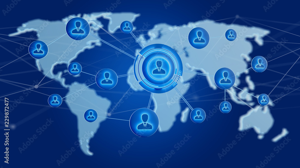 Poster network over a connected world map on a uniform background - 3d render