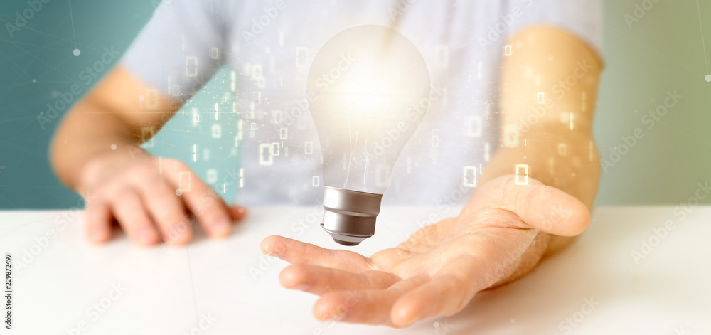 Poster businessman holding a bulb lamp idea concept with data all around 3d rendering