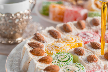 Turkish delight on a wooden table